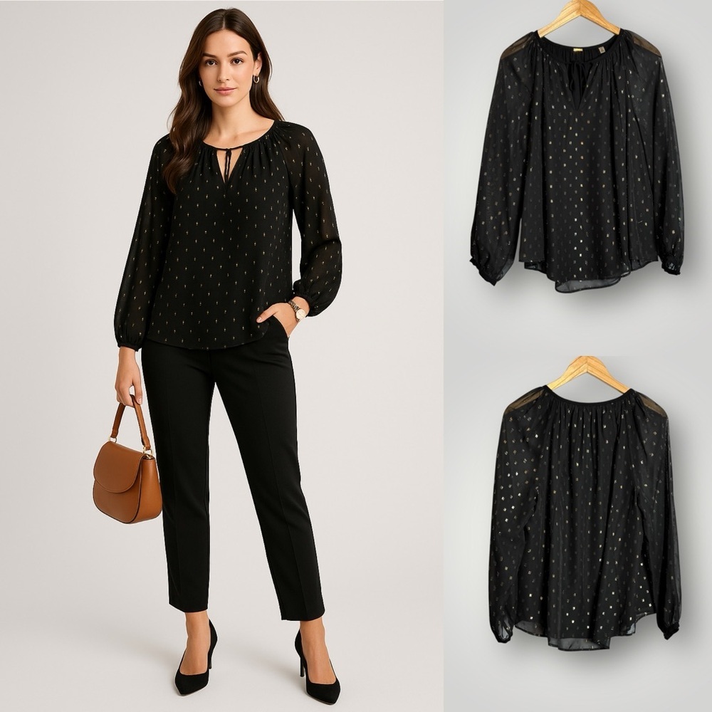 Tahari Gold Shimmer Neck Tie Blouse Size Large Lined Sheer Sleeves Black